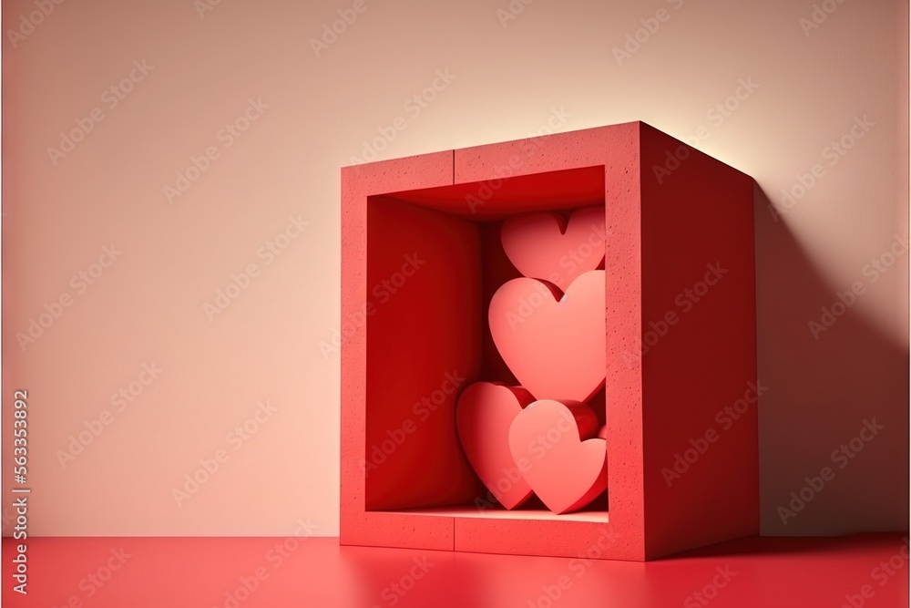 Poster  a red box with hearts inside on a red table with a pink background and a red wall behind it and a red floor with a red floor and white wall and red wall with a., generative ai
