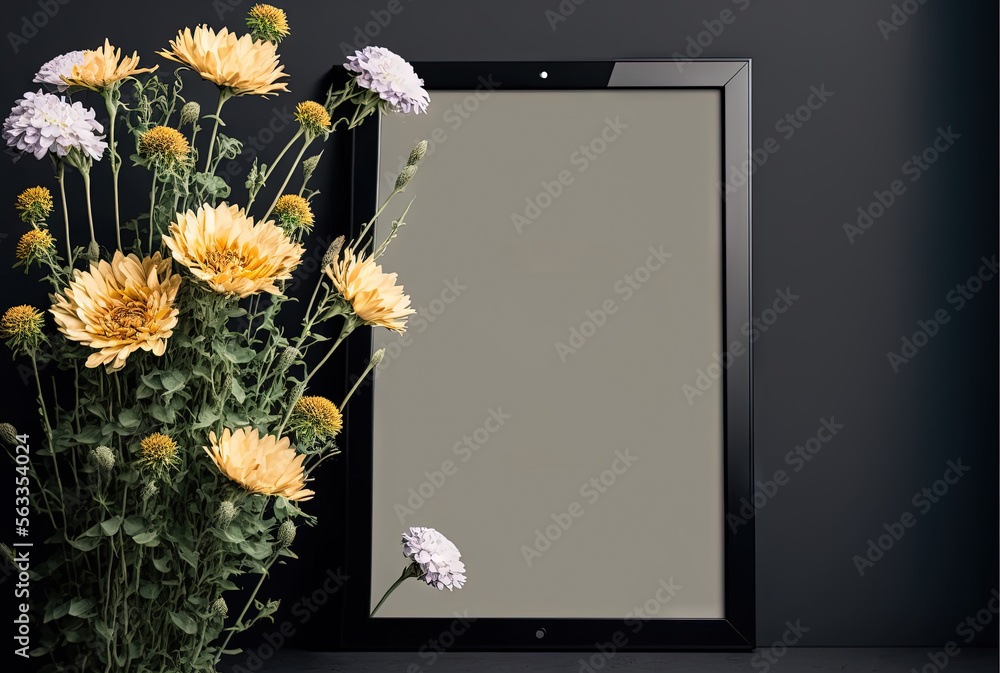 Poster a picture frame with a bunch of flowers in it next to a vase with flowers in it and a picture frame 