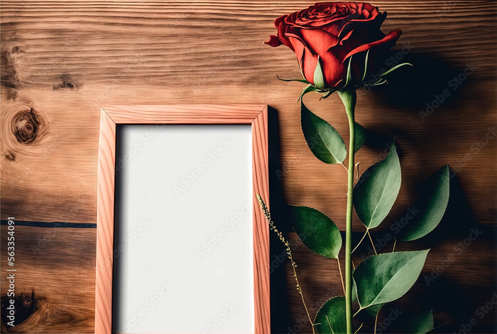 Poster a picture frame with a single red rose next to it on a wooden table with a wooden frame and a single