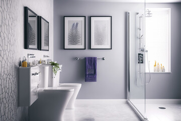 Modern bathroom interior design, Luxury yet minimalist clean, bright and hygienic spacious bathroom with shower, toilets, mirrors, bathtub and natural green plant in a hotel, apartment, or house