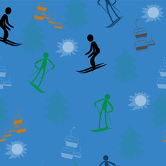seamless pattern with skiers, lifts, silhouettes of Christmas trees, the sun. Vector graphics
