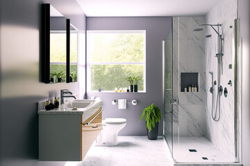 Modern bathroom interior design, Luxury yet minimalist clean, bright and hygienic spacious bathroom with shower, toilets, mirrors, bathtub and natural green plant in a hotel, apartment, or house