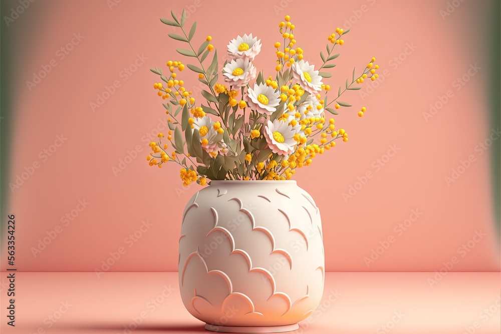Poster a vase with flowers in it on a table with a pink background and a pink wall behind it with a green f