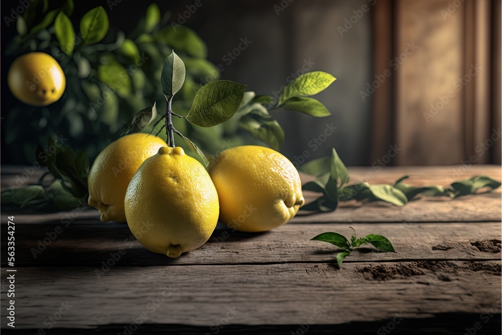 Poster a group of lemons sitting on top of a wooden table next to a bush of leaves and a window sill with a