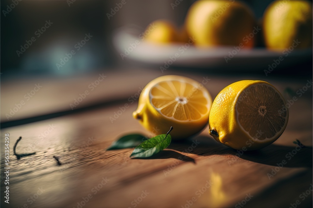 Poster a couple of lemons sitting on top of a wooden table next to a plate of lemons on a table top with le