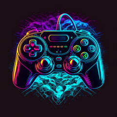Neon Retro Gaming Gamepad Illustration, Game Controller, Futuristic Joystick, Generative AI
