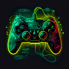 Neon Retro Gaming Gamepad Illustration, Game Controller, Futuristic Joystick, Generative AI