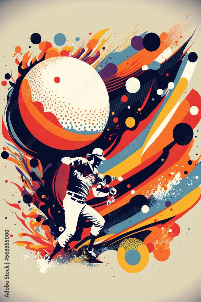 Poster a poster of a baseball player with a ball in his hand and a splash of paint on the background of the