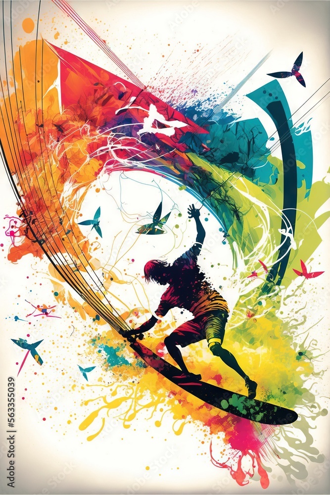 Poster a person riding a surfboard on a colorful wave of paint and spray paint splatters on a white backgro