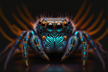 Futuristic neon jumping spider, Generative Ai