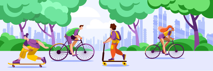 Characters ride a skateboard, bicycles and scooters in a park against the backdrop of a modern city. Horizontal banner in a flat style on the theme of spring sports.