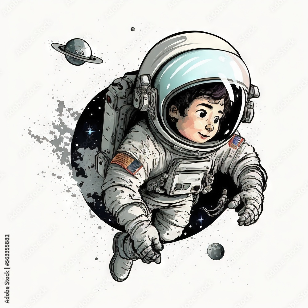 Poster a drawing of a boy in an astronaut suit floating in space with a planet in the background and a spac