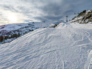 Snow covered mountains and ski slopes, ski area Stoos