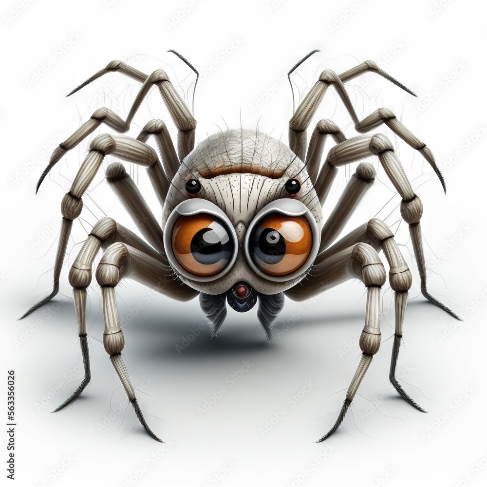 Poster a spider with big eyes and a creepy look on its face, with a white background, is shown in this imag