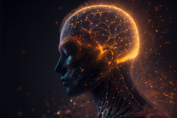 Menschlicher Kopf mit strahlenden Neuronen - obrazy, fototapety, plakaty