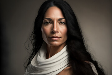 Close-up portrait of a beautiful middle-aged hispanic / latina woman with long hair and a white scarf on a dark background, not based on a real person, Generative AI - obrazy, fototapety, plakaty