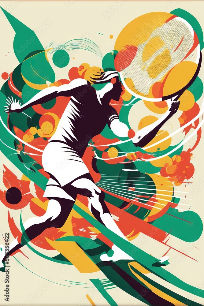 Poster a tennis player is hitting a ball with a racket in a colorful abstract painting style design with a 