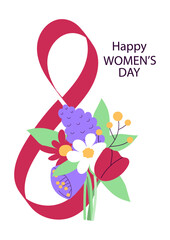 Happy Woman's day greeting card with floral bouquet vector illustration. 8 March number decorated with bunch of flowers and leaves. Hand drawn poster template