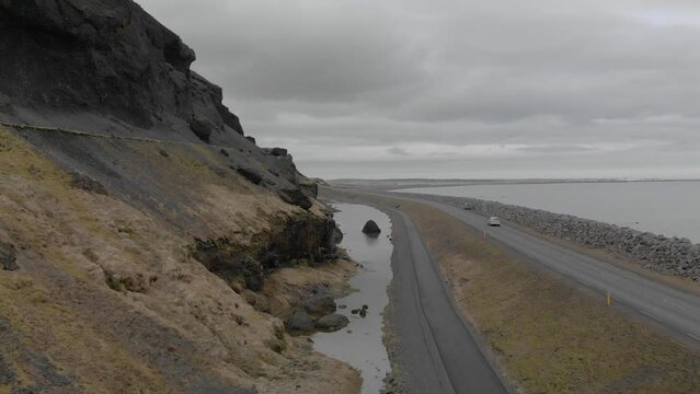 Road through the Icelandic landscape - Drone video