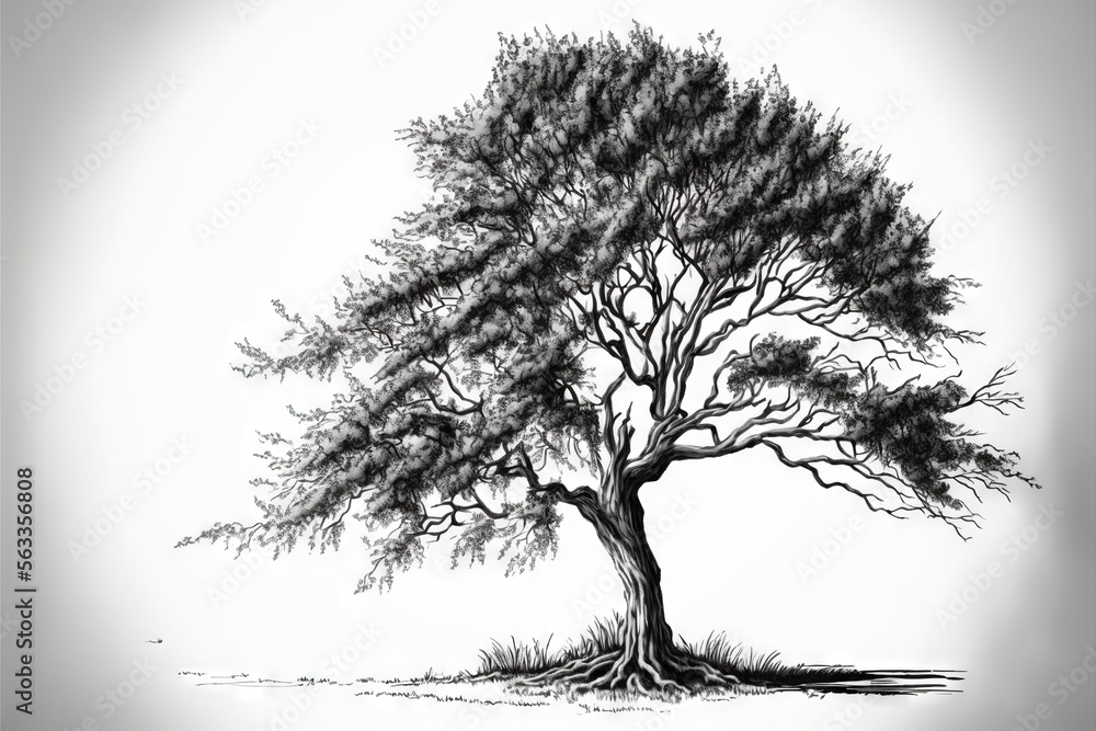 Poster a drawing of a tree with a white background and a black and white photo of a tree with a white backg