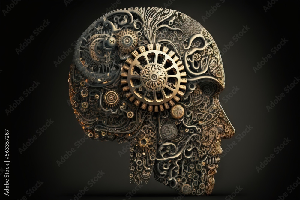 Poster  a golden and black mechanical head with gears on it's side and a black background with a black background and a black background  Generative AI