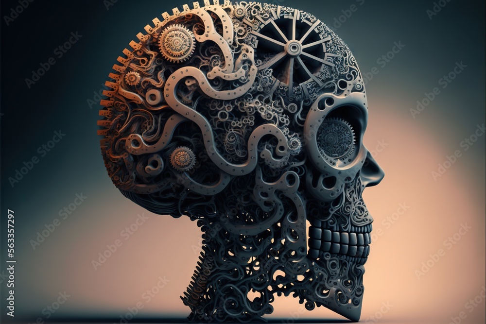 Poster a skull made out of gears and gears on a blue background with a light colored background and a shado