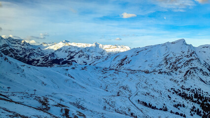 Ski slopes and mountains in Jungfrau ski resort in Swiss Alps, Grindelwald, Switzerland