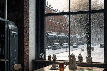 Interior of a window faced Restaurant. Genrative AI