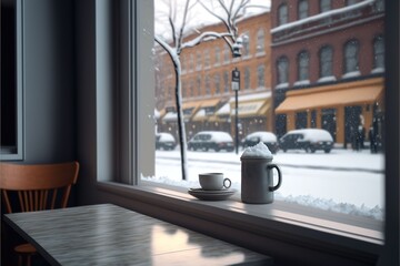 Interior of a window faced Restaurant. Genrative AI