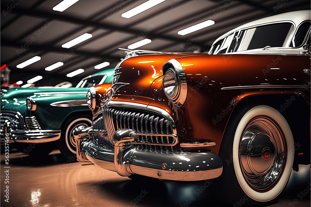 Poster a row of classic cars parked in a garage with lights on the ceiling and a man standing next to them 