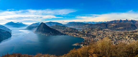 Lugano, Switzerland. Amazing view of the Swiss city, surrounded by lake and mountains.