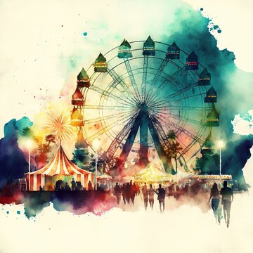  A Watercolor Painting Of A Ferris Wheel And A Carnival Tent With People Walking Around It In Front Of A Blue Sky With Clouds And A Green And White Background With A Red And Yellow. Generative AI