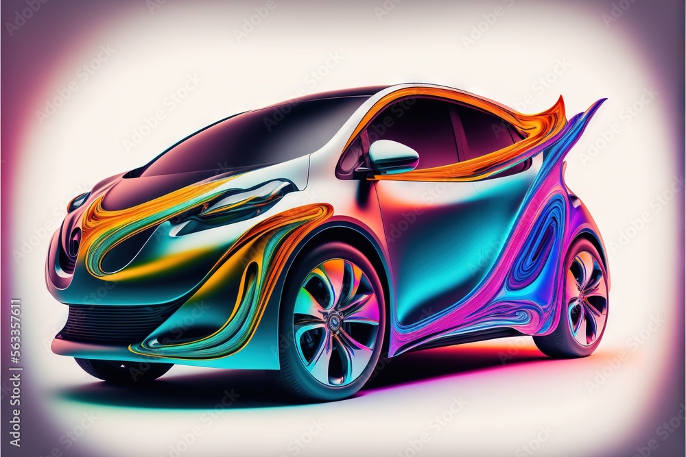 Poster a car with a colorful paint job on it's body and hood is shown in this image, it appears to be a fut
