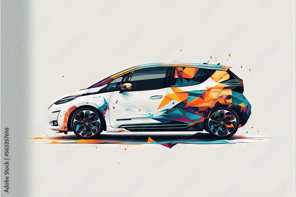 Poster a car with a colorful design on the side of it's body and a white background with a white background