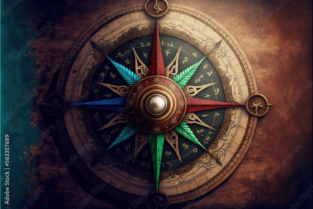 Poster a compass with a green leaf on it is shown in a painting style with a brown background and a blue bo