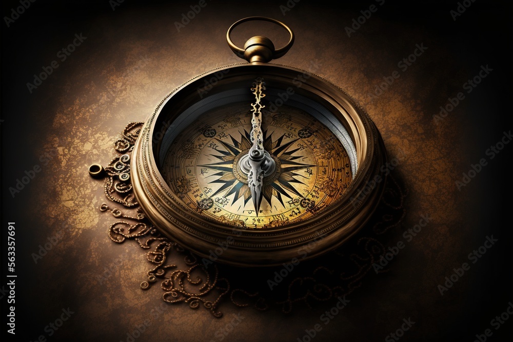 Poster a gold compass with a chain hanging from it's center on a brown background with a gold chain around 
