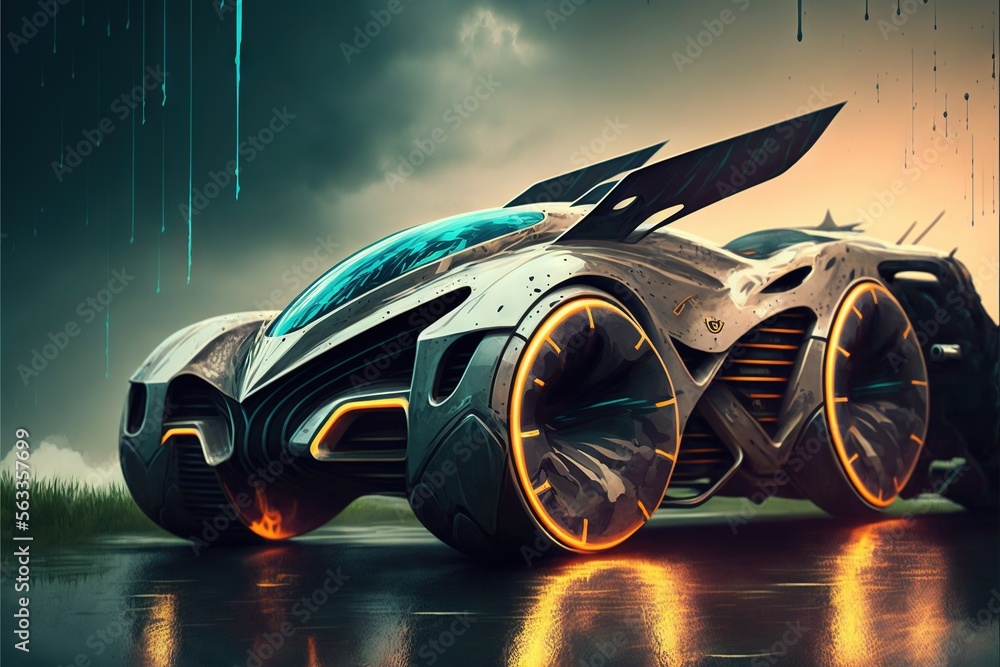 Aufkleber a futuristic vehicle with a large wing on the front of it's body and wheels on the front of it, with