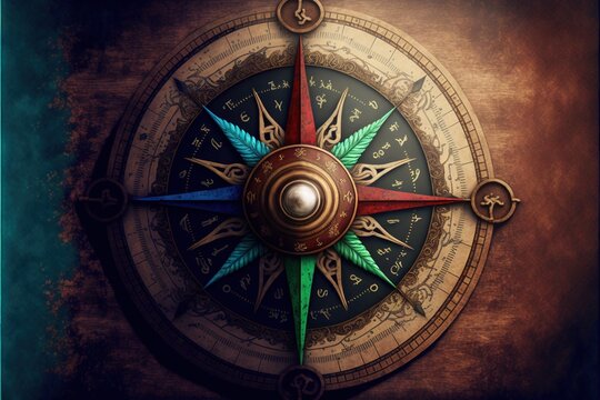  a compass with a green leaf on it is shown in a painting style with a brown background and a blue border around it is the compass and the center of the compass is a gold. generated ai