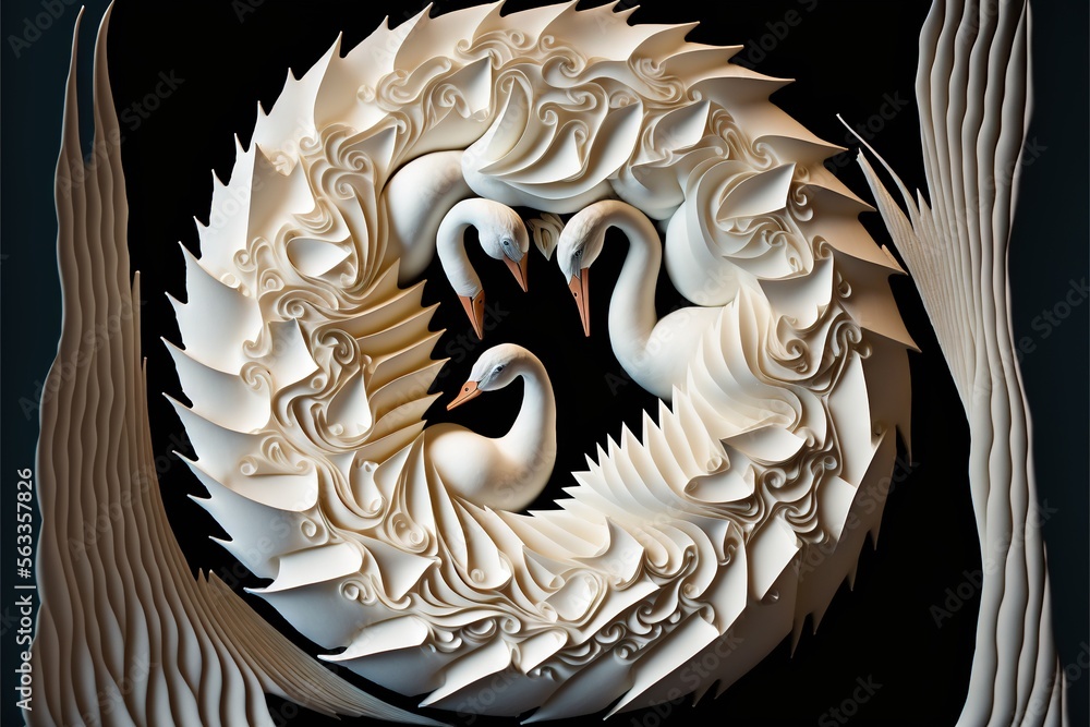 Poster a picture of two white swans in a circular pattern of paper art work on a black background with a bl