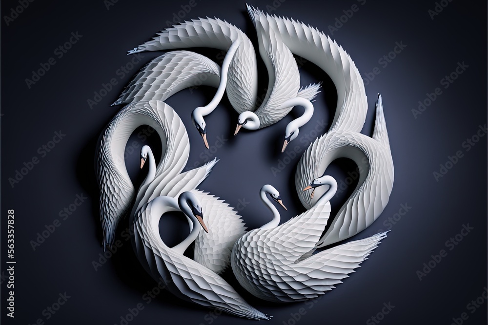 Poster a group of white swans in a circle on a black background with a dark background and a white backgrou