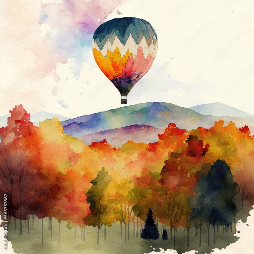 Poster a hot air balloon flying over a forest filled with trees and a mountain in the background with a col