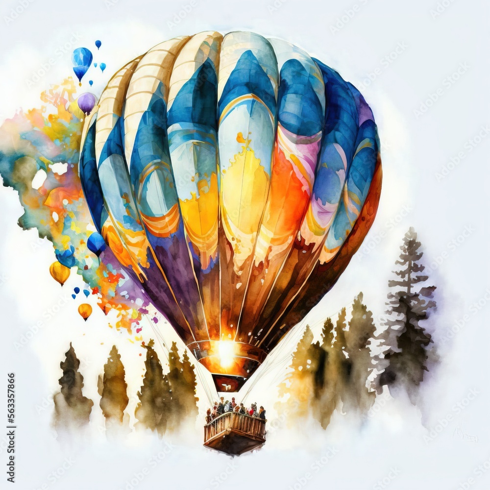 Poster a painting of a hot air balloon flying over a forest with trees and a house in the background with a