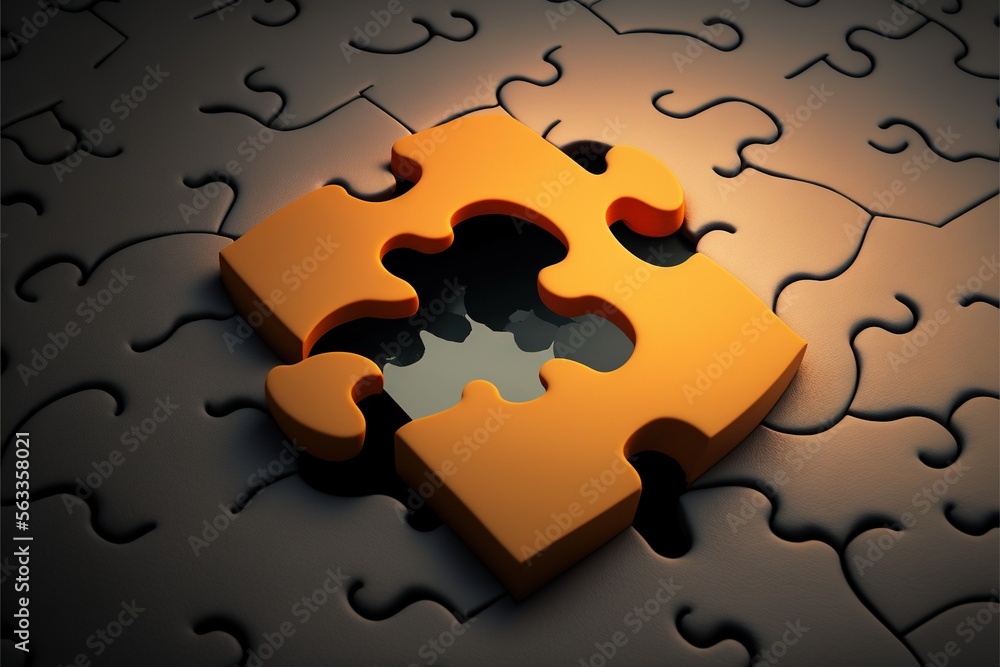 Poster a piece of a puzzle that is missing from the floor with missing pieces in it, with a black backgroun