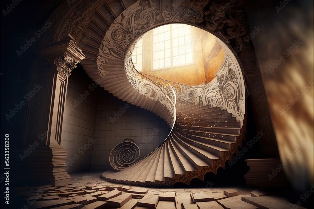 Poster a spiral staircase in a building with a window in the background and a light coming through the wind