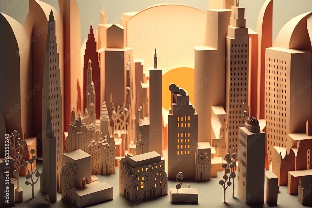 Poster a city with tall buildings and a sun in the background is shown in this digital rendering of a city 