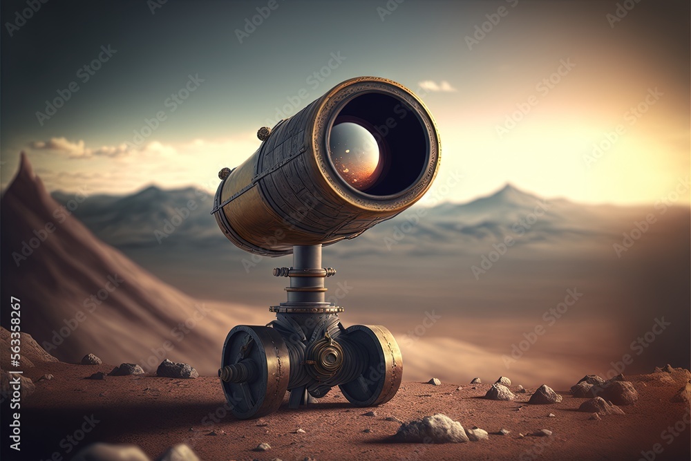 Poster a telescope on a tripod in the desert with a mountain in the background and a sun in the distance be