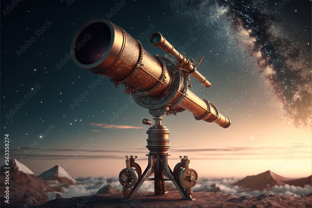 Poster a telescope on a tripod in the middle of a desert landscape with a star filled sky in the background