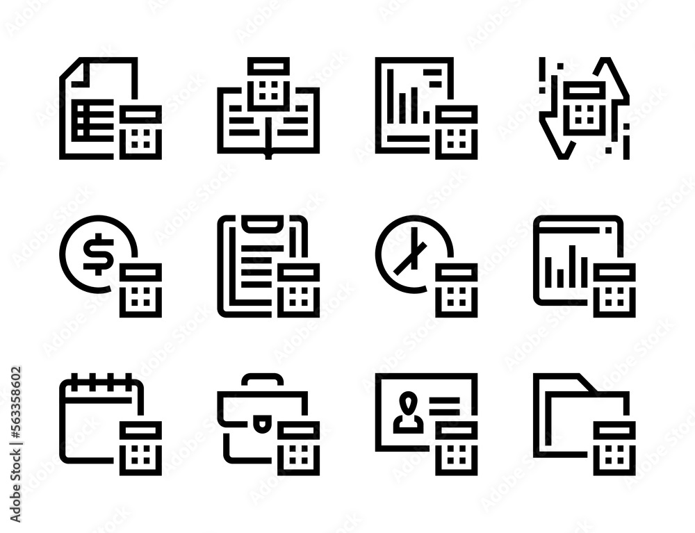 Poster calculation and accounting line vector icons. counting and finance editable stroke outline icon set.