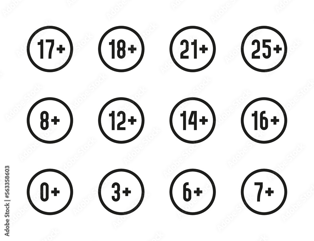 Poster age restrictions line vector icons. age limits in a circle editable stroke outline icon set.