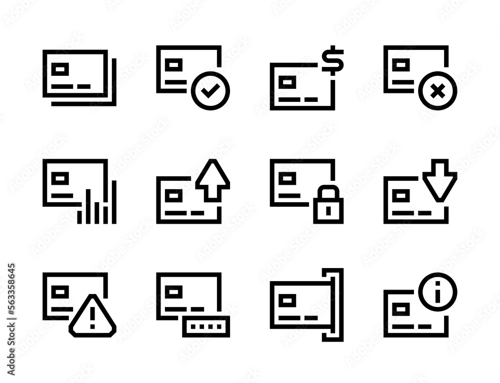 Poster credit card and online payment functions line vector icons. cashless payments and transaction editab